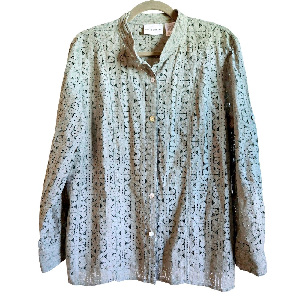 Alfred Dunner Women's 16 Fairy Sage Green Floral Lace Button Front Blouse Top